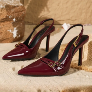 luxury patent leather burgundy women pumps sexy pointy toe strap buckle design elegant backless heels ladies party designer shoe