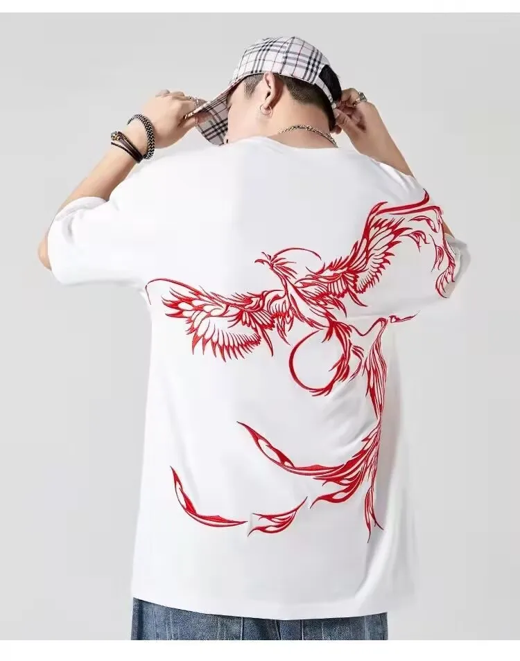 lovers embroidered phenix summer t shirt 2025 new men cotton t shirt students casual tee short sleeves top loose t shirt 4xl
