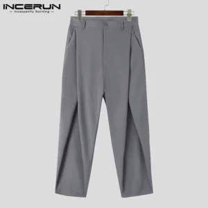 incerun 2024 men pants solid color button streetwear joggers loose trousers men pleated pockets fashion casual long pants s 5xl