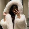 solid white faux fur short coat women casual lapel full sleeves loose thicken hooded coat 2025 lady winter daily street wear new