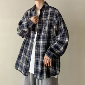 2024 new men's long sleeved trendy brand loose collar plaid shirt jacket for spring and autumn in japan and south korea.