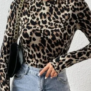 sexy tight women's bodysuits women's small stand collar long sleeve fashion leopard print tight girly style bodysuit top