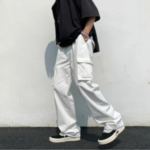 black/white casual pants men's fashion loose straight wide leg pants men streetwear hip hop pocket cargo pants mens trousers