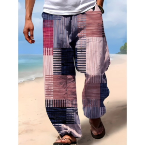 mens loose fit geometric pattern print beach trousers elastic drawstring wais suitable for outdoor sports summer pants for men