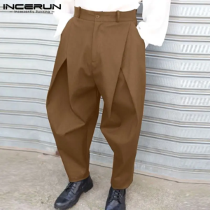 incerun 2024 men pants solid color button streetwear joggers loose trousers men pleated pockets fashion casual long pants s 5xl