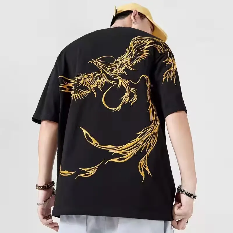 lovers embroidered phenix summer t shirt 2025 new men cotton t shirt students casual tee short sleeves top loose t shirt 4xl