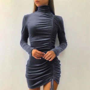 half high collar long sleeved padded shoulder pleated waist short dress sexy fashionable velvet party frock women spring autumn