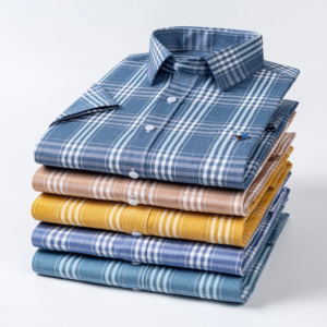 men's summer short sleeve shirt with embroidered chest pocket, lightweight breathable 100% cotton plaid button down shirts