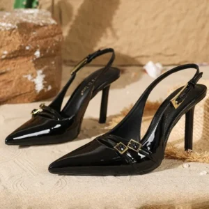 luxury patent leather burgundy women pumps sexy pointy toe strap buckle design elegant backless heels ladies party designer shoe