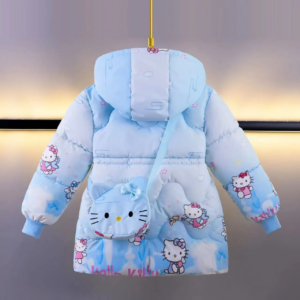 kawaii hello kitty kuromi children jacket anime fashion cute warm plush hooded thick down jacket with bag cartoon outdoor jacket