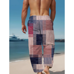 mens loose fit geometric pattern print beach trousers elastic drawstring wais suitable for outdoor sports summer pants for men