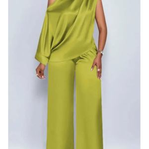 sexy one shoulder sleeve satin women's trousers 2 piece set spring summer new fashion elegant female wide leg trousers suit 2026