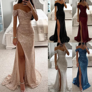 womens dresses new party sequin one line neckline slit dress casual fashion dress for women