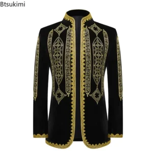 2025 men's luxury embroidered suit jacket slim cardigan coats fashion stand collar court wedding banquet party dress tuxedo male