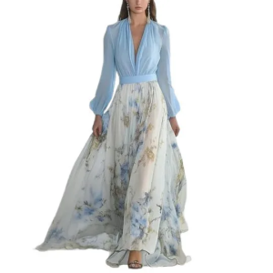 elegant long sleeve maxi dress women 2025 summer fashion slim floral print v neck white long dresses casual