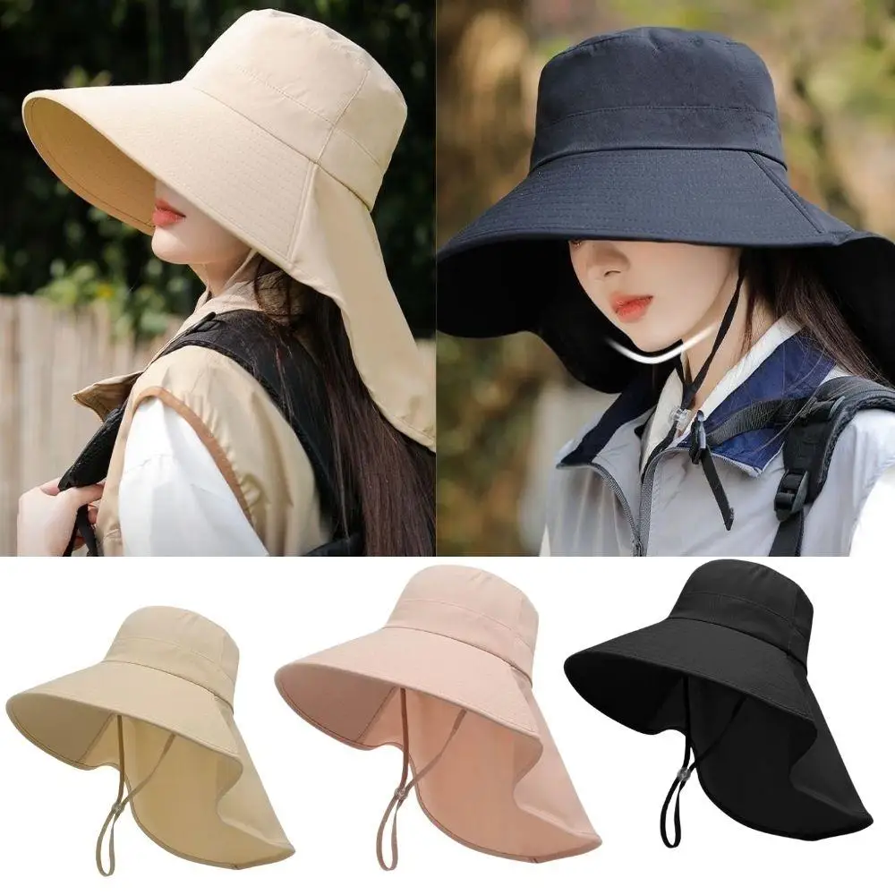 summer outdoor uv anti neck protection shawl sunscreen cap solid color beach travel fisherman hat wide brim sun hat for women