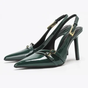 luxury patent leather burgundy women pumps sexy pointy toe strap buckle design elegant backless heels ladies party designer shoe