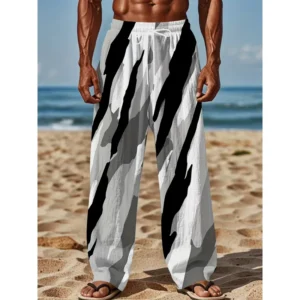 2025 men's casual loose fit drawstring pants 3d print polyester athletic trousers straight leg retro drape style sportswear