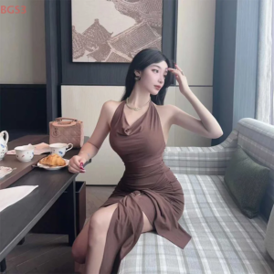 2025 new summer sexy sleeveless v neck backless solid color dress street casual slim fashion club party frock