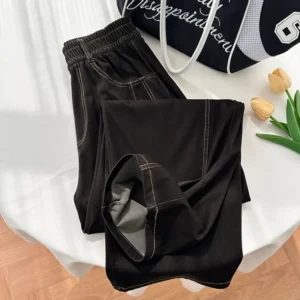 denims wide leg pants women vintage jeans elastic waist washed distressed pockets basics straight trousers 2025 streetwear