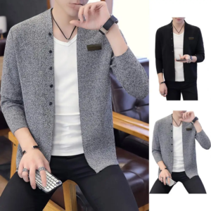 button closure men jacket men knitted cardigan stylish men's knitted cardigan coat slim fit warm stand collar badge for fall