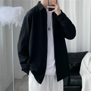 korean style men's fashionable, casual, niche, solid color, simple, loose and comfortable long sleeved shirt jacket for autumn.
