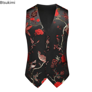 2025 luxury embroidered suit vest men's single breasted retro jacquard v neck sleeveless vest jacket fashion slim waistcoats 6xl
