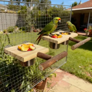 1set wood bird stand platform with single/double stainless steel feed bowl chew toy for pet bird parrot cage hanging accessories