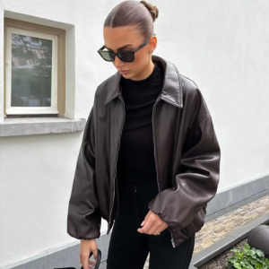 bsay artificial leather bomber jacket women's clothing autumn winte lapel long sleeved zip brown chic female pu short jacket