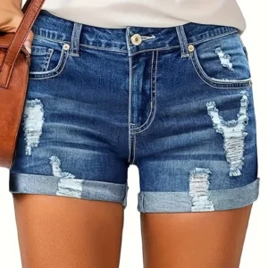 hole shorts women summer jeans stretch high waist skinny pockets distressed washed straight denims streetwear 2025 short pants