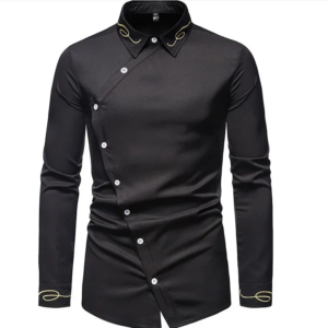 new fashionable men's unique asymmetric embroidered long sleeve large size shirt stand up collar button dress daily