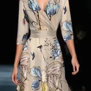 fashionable v neck three quarter sleeve dress for women spring autumn new elegant waisted floral printing casual dresses female