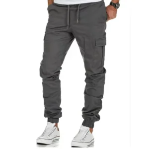 men cargo pant long pants casual loose straight trousers regular pockets solid splice lace up high waist autumn winter 2024