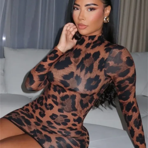 leopard popular women mini dress hipster new full sleeve stand collar skinny y2k bodycon mujer vintage classic party frock