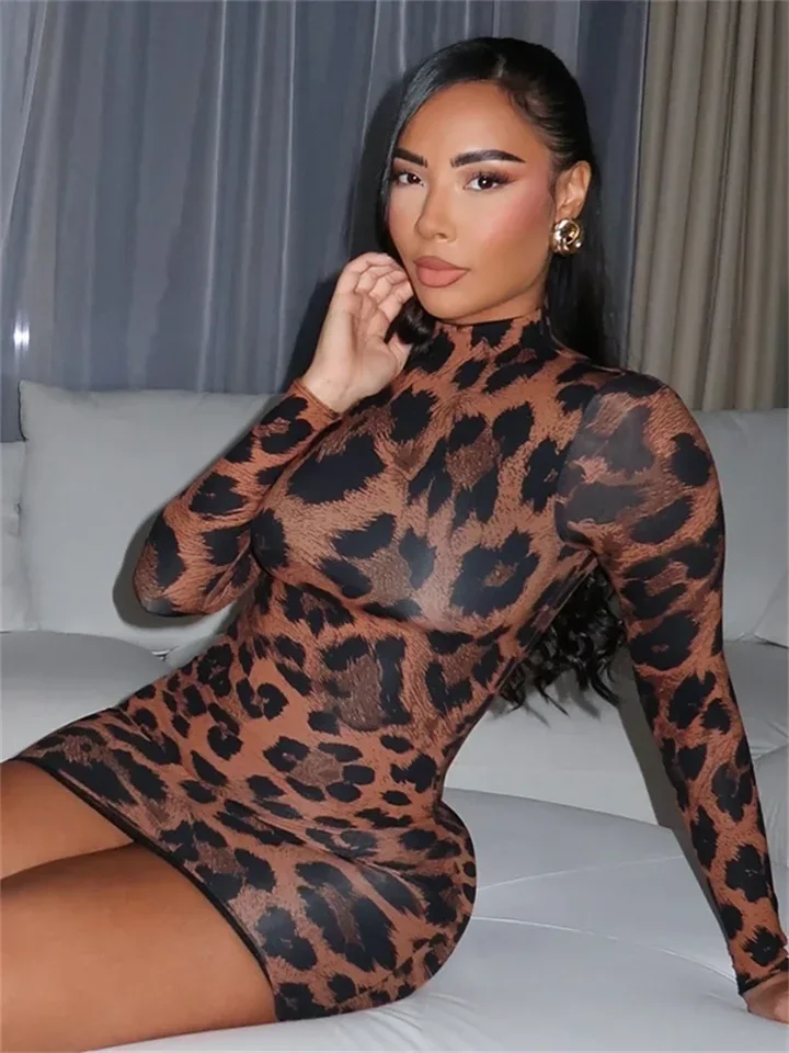 leopard popular women mini dress hipster new full sleeve stand collar skinny y2k bodycon mujer vintage classic party frock