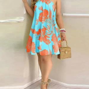 tropical print halter neck dress, vacation style backless dress for spring & summer, women's clothing