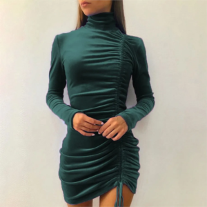 half high collar long sleeved padded shoulder pleated waist short dress sexy fashionable velvet party frock women spring autumn