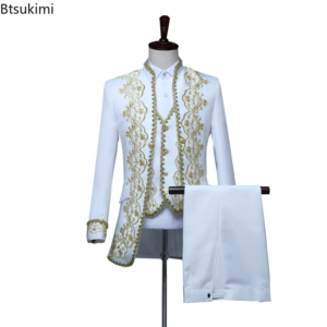 new men's luxury gold encrusted retro court tuxedo 3 piece sets fashion stand collar embroidered sets opera house stage costumes