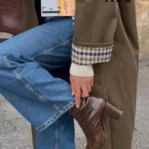 women fashion long trench coat autumn/winter lapel long sleeve single breasted coat loose solid color simple street jacket