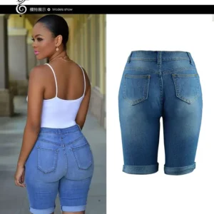 knee length washed distressed jean women ripped hole denim pants vintage solid high waist pockets distressed skinny casual