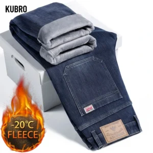 new winter men's slim fleece jeans thick elastic denim pants warm straight casual male clothes fashion plush trousers