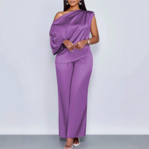 sexy one shoulder sleeve satin women's trousers 2 piece set spring summer new fashion elegant female wide leg trousers suit 2026
