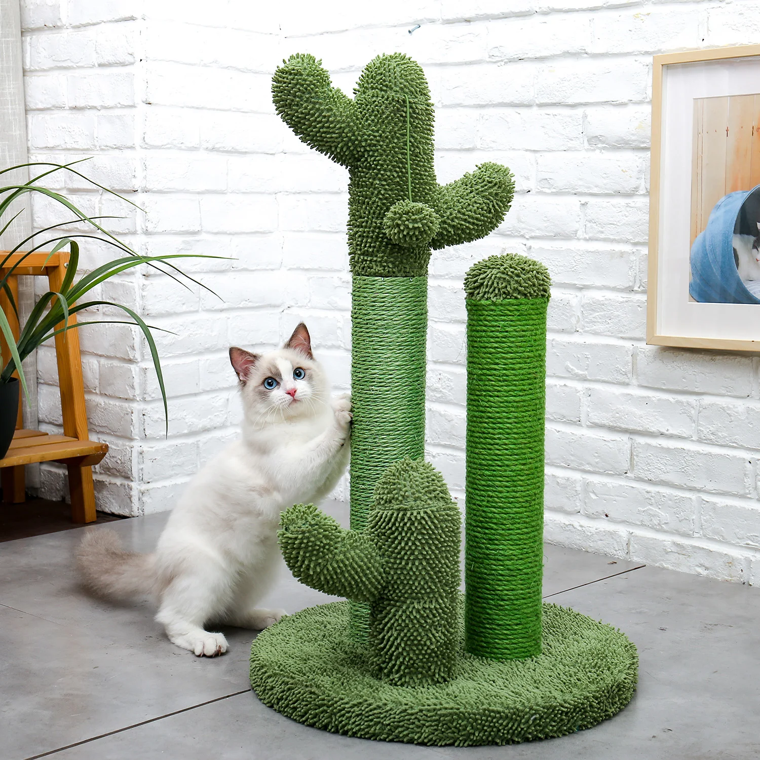 cactus cat scratching post,cactus cat tree,green cat scratcher with natural sisal rope, interactive dangling ball, cat furniture