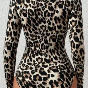 sexy tight women's bodysuits women's small stand collar long sleeve fashion leopard print tight girly style bodysuit top