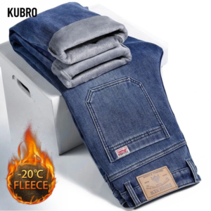 new winter men's slim fleece jeans thick elastic denim pants warm straight casual male clothes fashion plush trousers