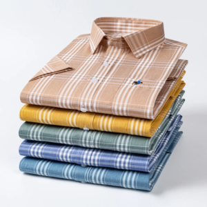 men's summer short sleeve shirt with embroidered chest pocket, lightweight breathable 100% cotton plaid button down shirts