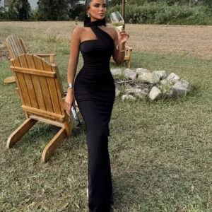 luxurious women's evening dresses solid color halterneck dress backless streamer slit temperament long dress for women