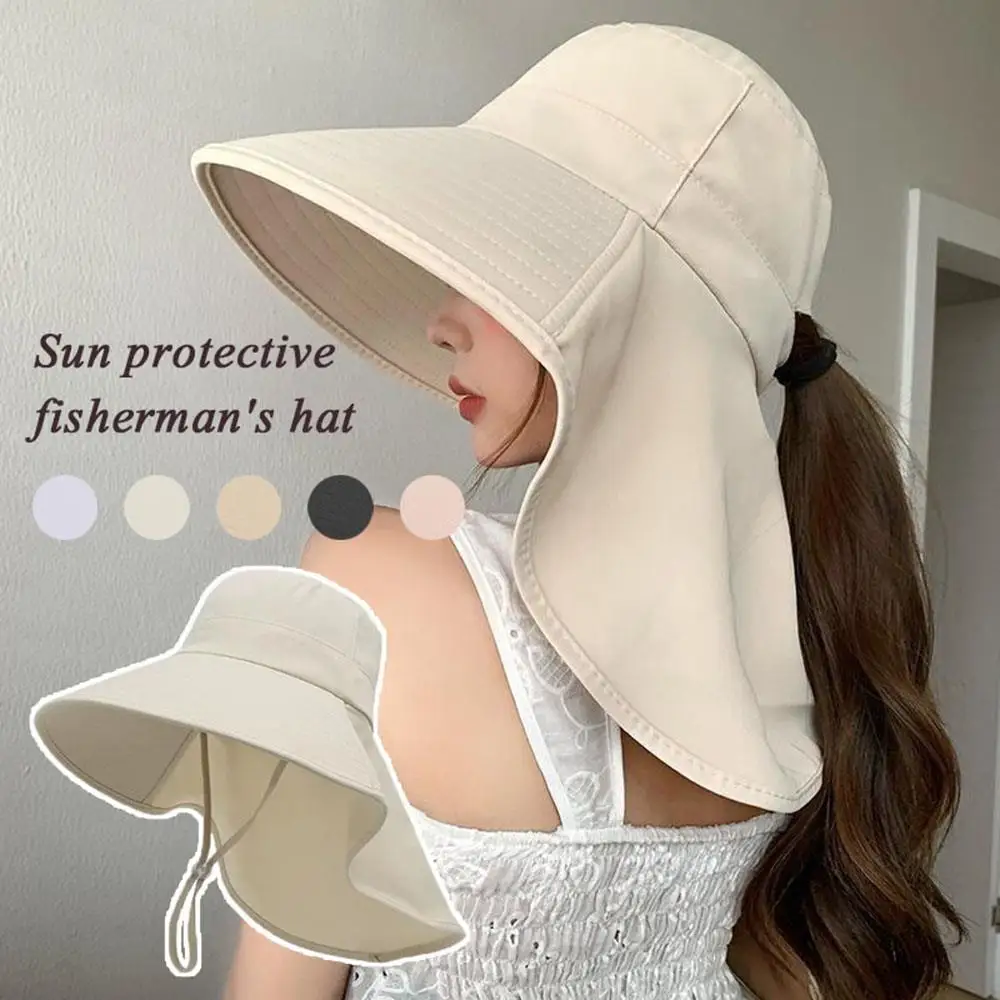 summer outdoor uv anti neck protection shawl sunscreen cap solid color beach travel fisherman hat wide brim sun hat for women