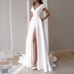 2025 new elegance party floor dress summer women's breast wrap ruffled solid split mid waist temperament commuter long dresses