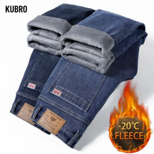new winter men's slim fleece jeans thick elastic denim pants warm straight casual male clothes fashion plush trousers